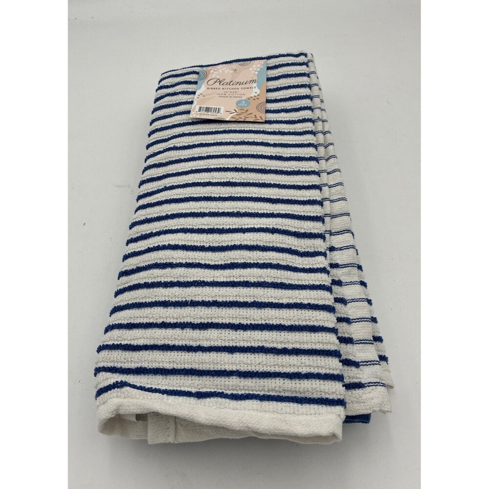 PANTRY KITCHEN TOWELS (3) white and blue 16 X 26 100% COTTON